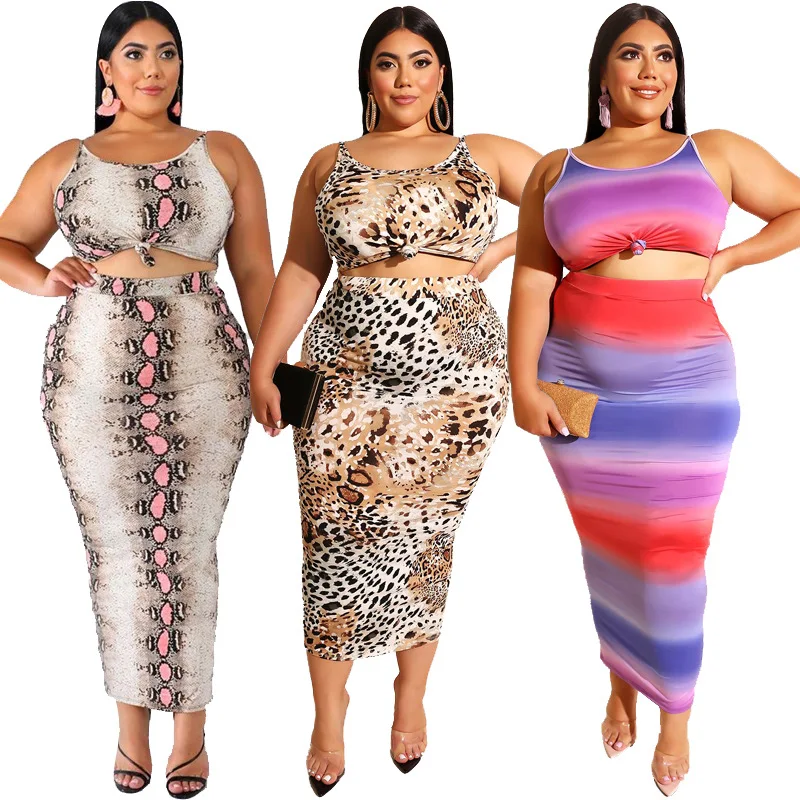 2022 Spring And Summer Women Plus-size Women's Leopard Print Sling Overskirt Suit Tight Hip Sexy Two-piece Suit