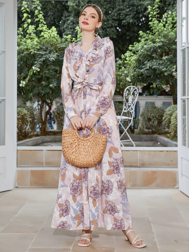 Muslim Party Dress Women Abaya Eid Floral Print Ramadan Lace-up Dresses Long Sleeve Arab Dubai Robe Moroccan Woman 2023