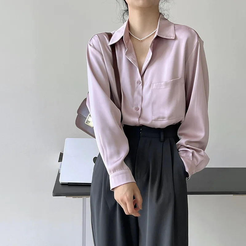 

Casual Women's Shirt Simple Long Sleeve Single Breasted Pocket Loose Coat Basics Solid Satin Comfortable Female Overshirt