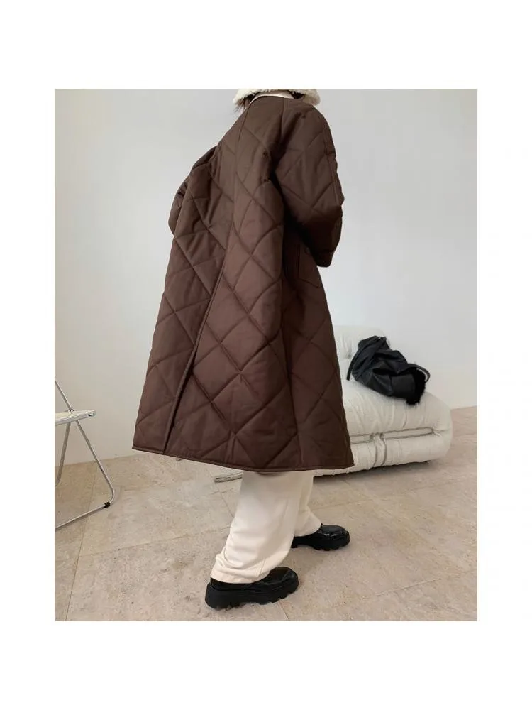 2022 Winter Fashionable Retro Stitching Color Contrast Quilted Long Parka Women Lapel Cotton-Padded Warm Jacket Loose Thick Coat