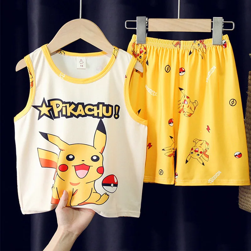 

Pokemon Pikachu Children's Pajamas Vest Shorts Suit Summer Boy Home Clothes Cute Cartoon Big Children's Home Clothes Suit Summer