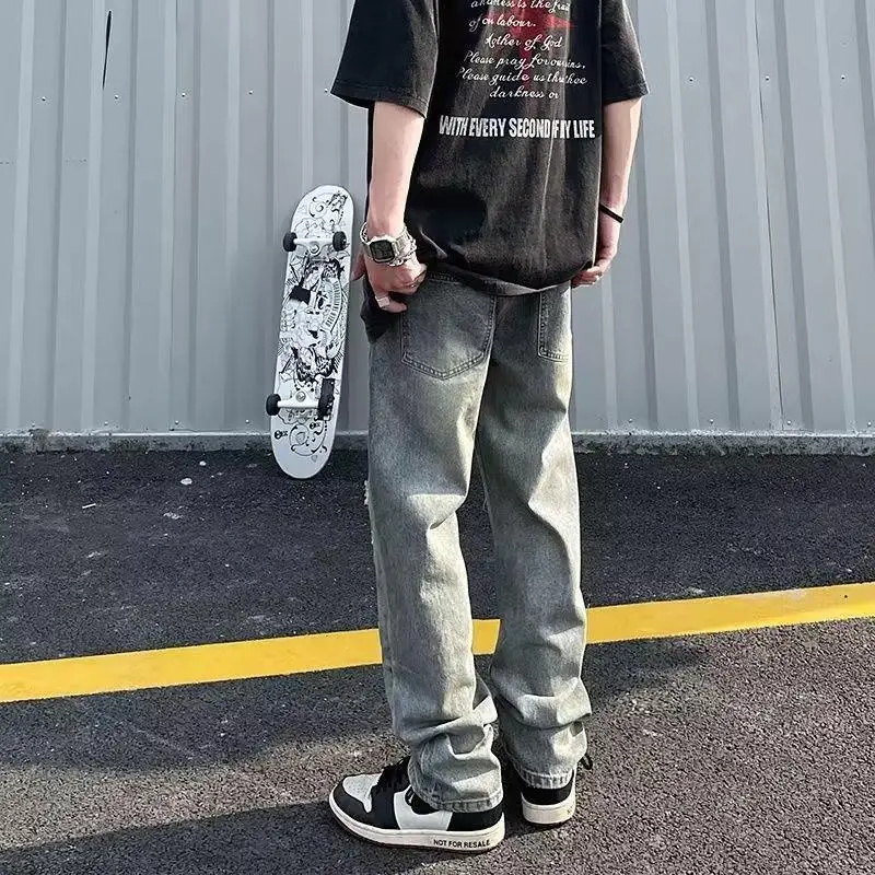 DEEPTOWN Ripped Motorcycle Jeans for Men Streetwear Denim Trousers Male Loose Casual Punk Printing Men's Youth Straight Hip Hop