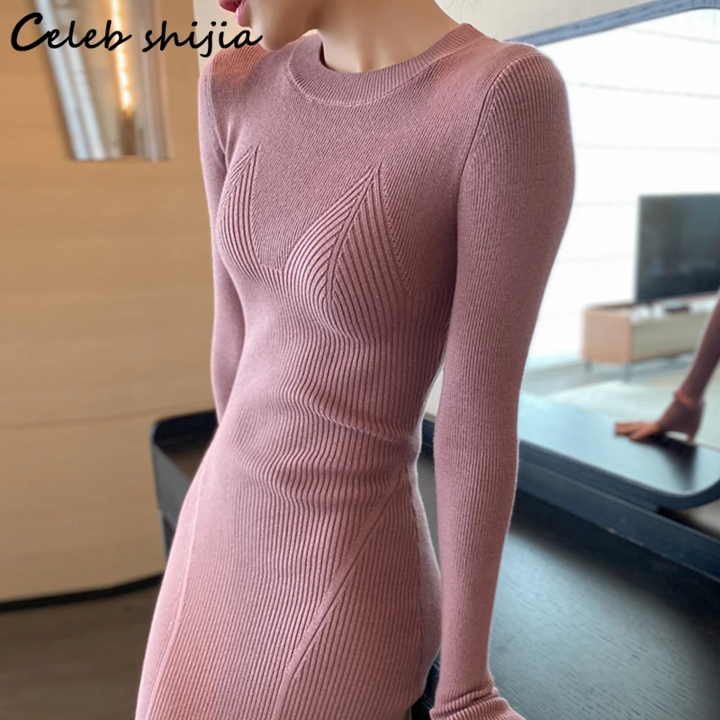 

Winter Elegant Sweater Dress Women 2022 Pink O-neck Chic Woolen Dresses Female Autumn Business Work Knitted Vestidos Black