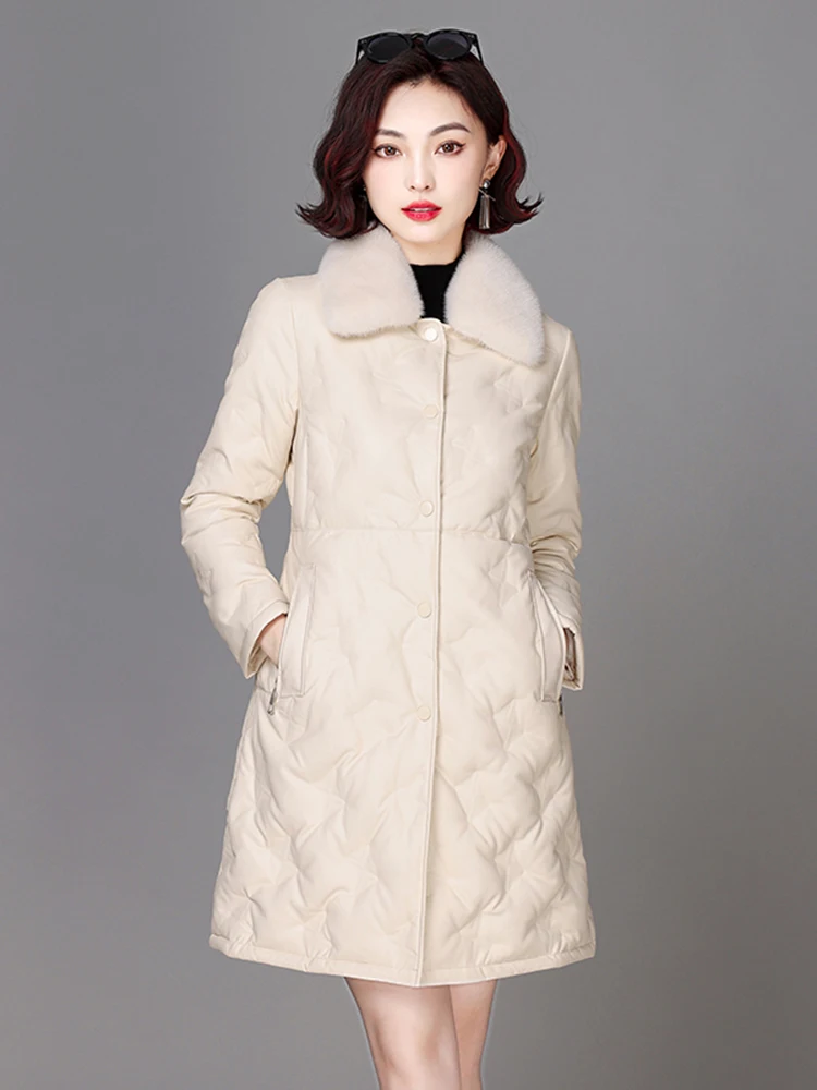 New Women Leather Down Coat Autumn Winter Casual Fashion Real Mink Fur Collar Slim Sheepskin Down Outerwear Thick Warm Jacket