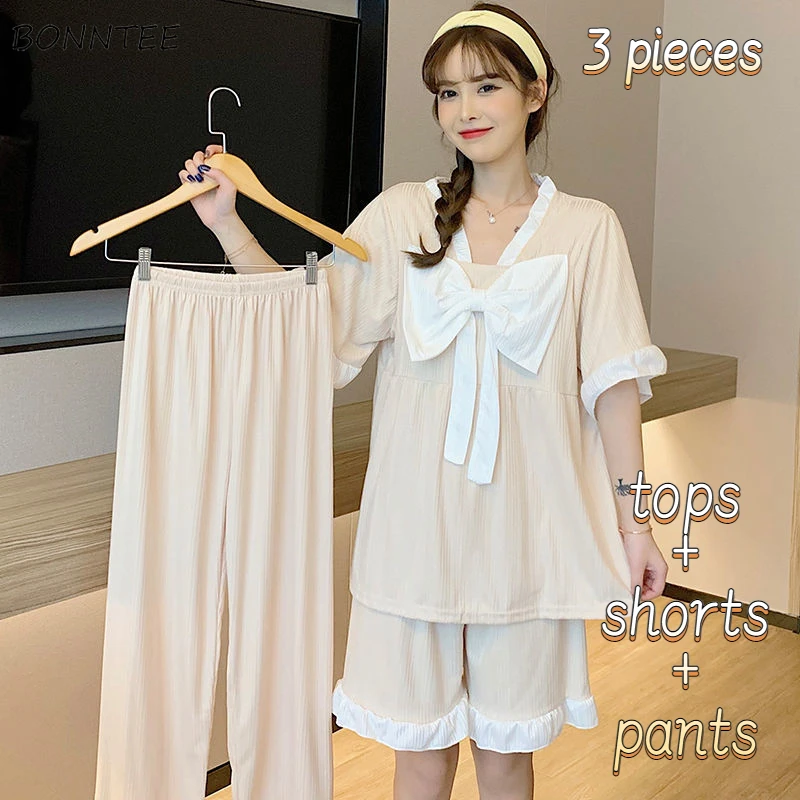 

Pajama Sets Women 3 Pieces Bow Lovely 9 Colors Simple Home Sleepwear Stylish Casual Comfortable Design Korean Style Mujer Summer
