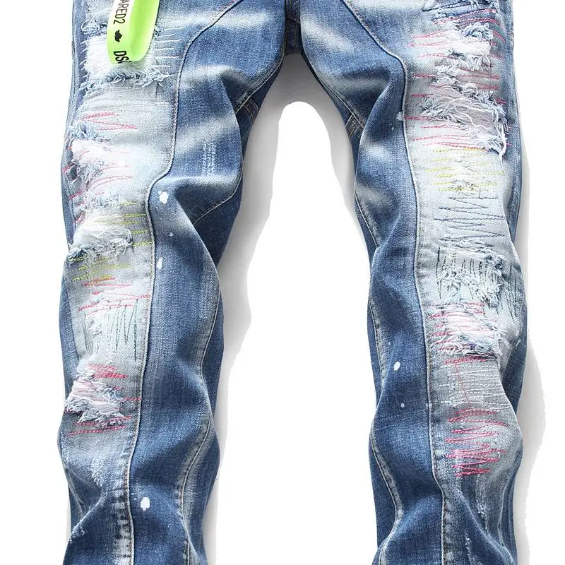 Mens Jeans Casual Long Pants Trouser Men's Fashion Casual Slim Denim Pants Biker Hole Hip Hop Elastic Jeans Fashion Streetwear