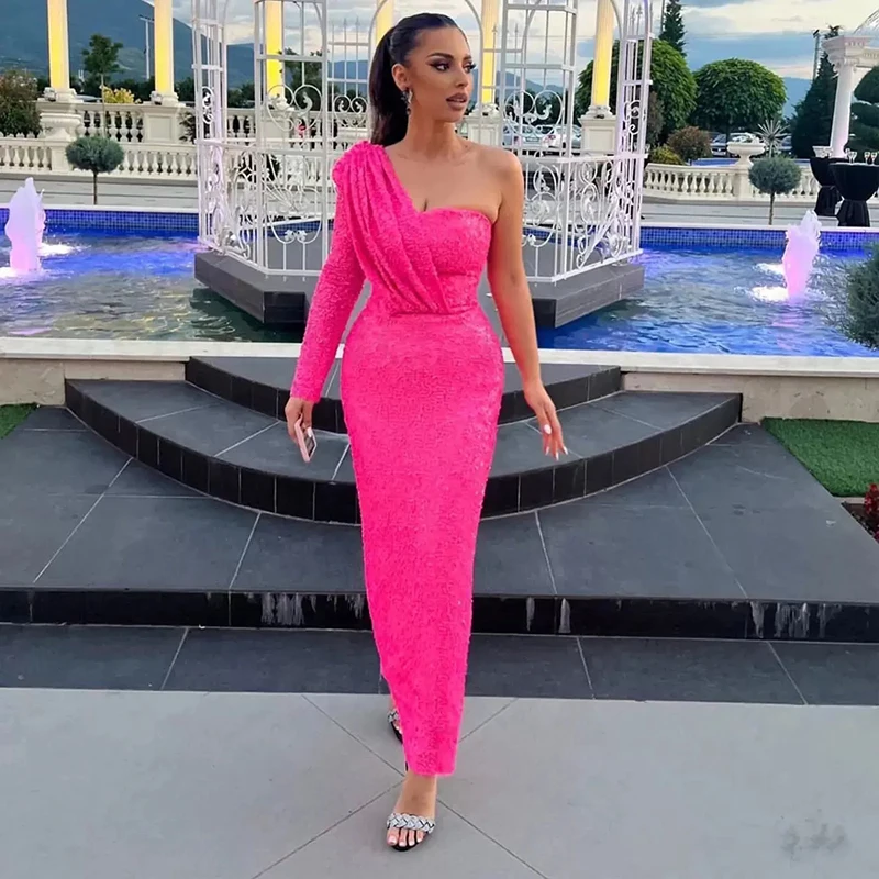 

Sparkly Fuchsia Sheath Evening Gowns Saudi Arabia One Shoulder Hot Pink Sequined Prom Dresses Dubai Party Dress Robe De Soiree