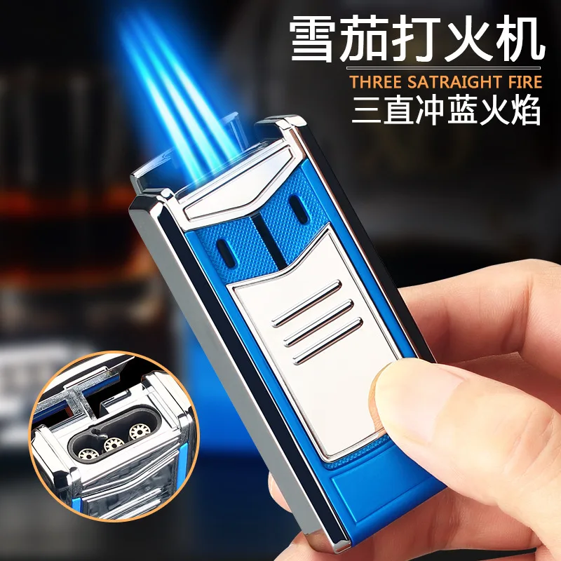 

New inflatable cigar lighter metal pull-down three straight blue flame gift box cigar multi-color optional