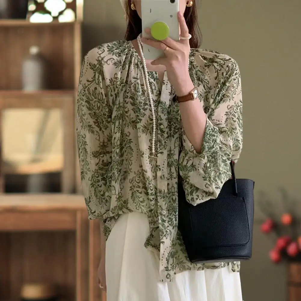 

Women Shirt Unique Lady Shirt Loose Green Print Women Blouse Streetwear