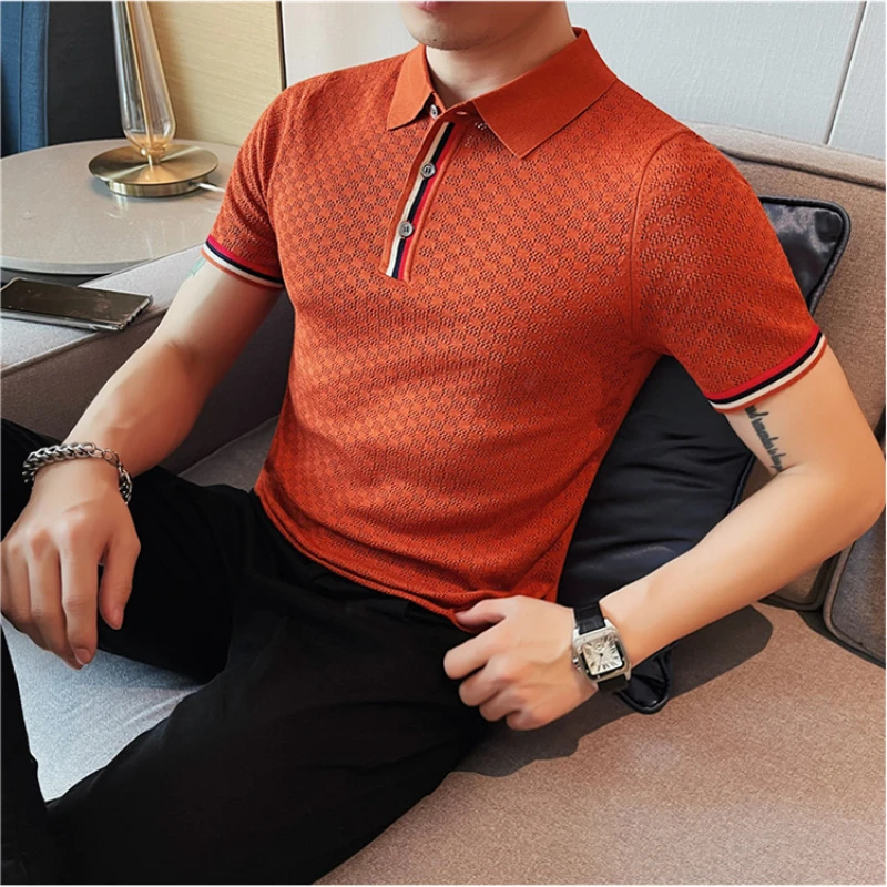 

English Gentleman Hollowed Out Knitted Lapel Polo Shirt Summer Slim Business Formal Social Office Polos Men's Club Casual T-top