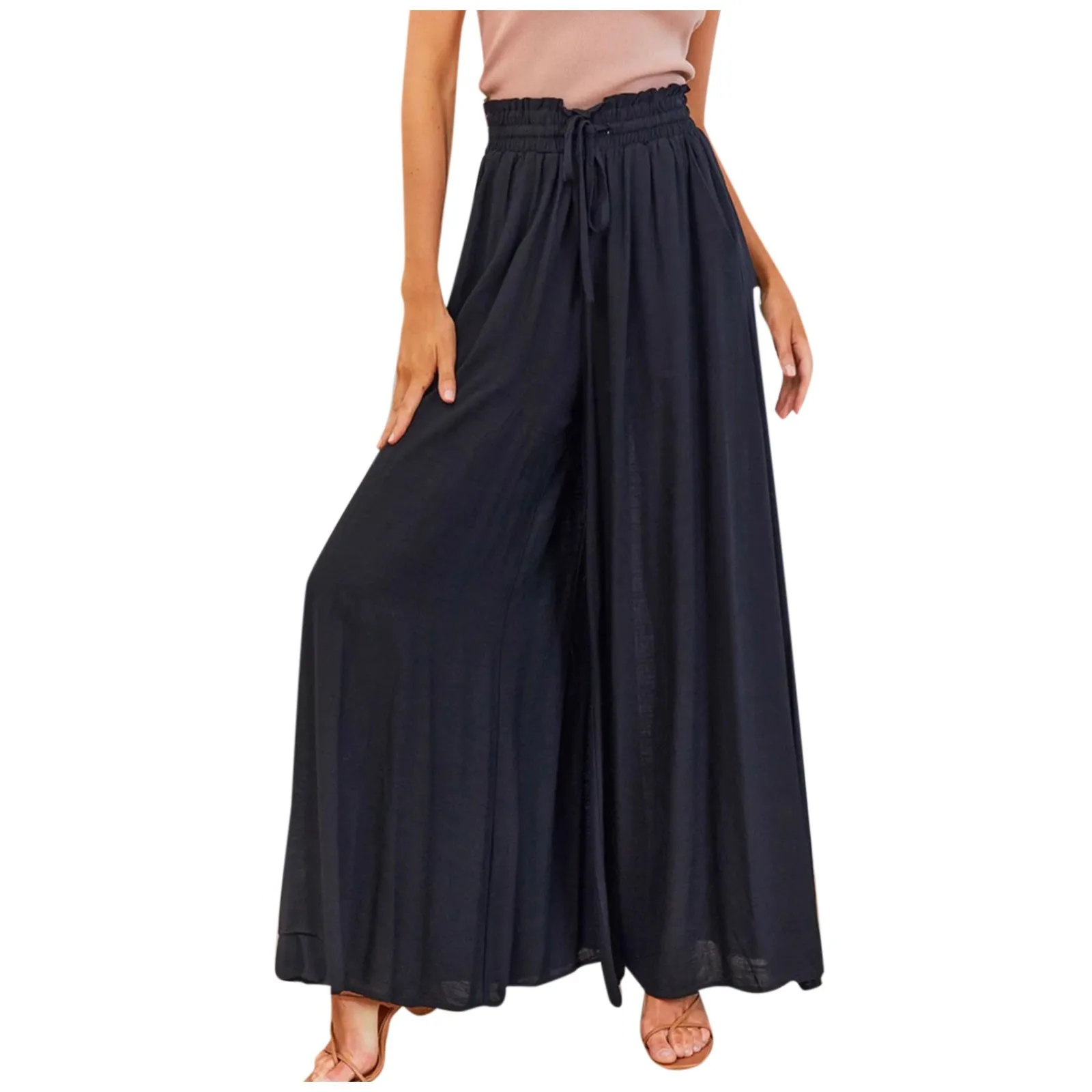 

Women'S Solid Color Trousers Elastic Belt Wide Leg High Waist Long Culottes CalçA Jeans Feminina брюки женские Roupas Femininas