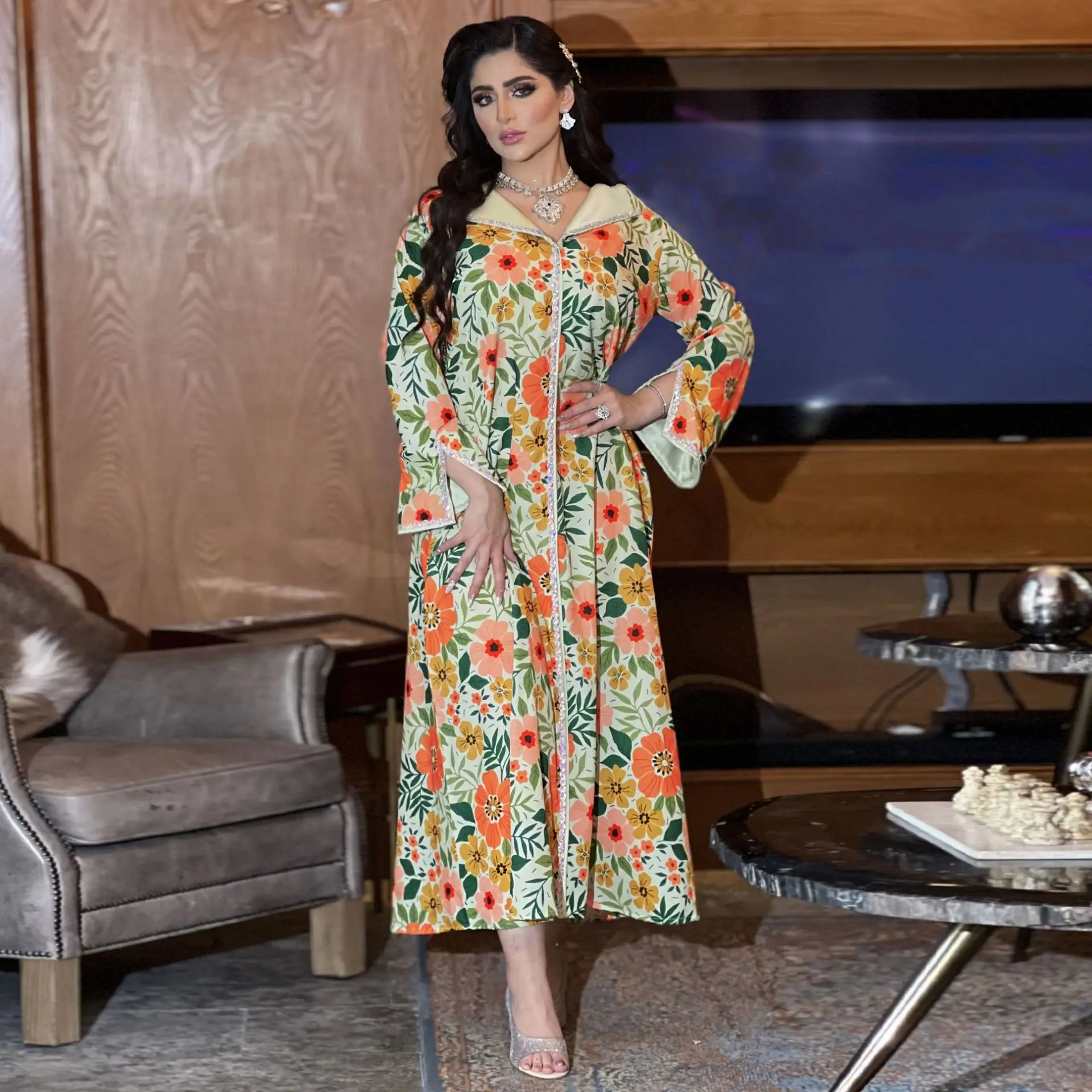 

Abaya Eid вечерние Женское платье с цветочным принтом мусульманское платье Дубай Арабская Турция Рамадан Abayas Caftan Vestidos 2023 новые платья