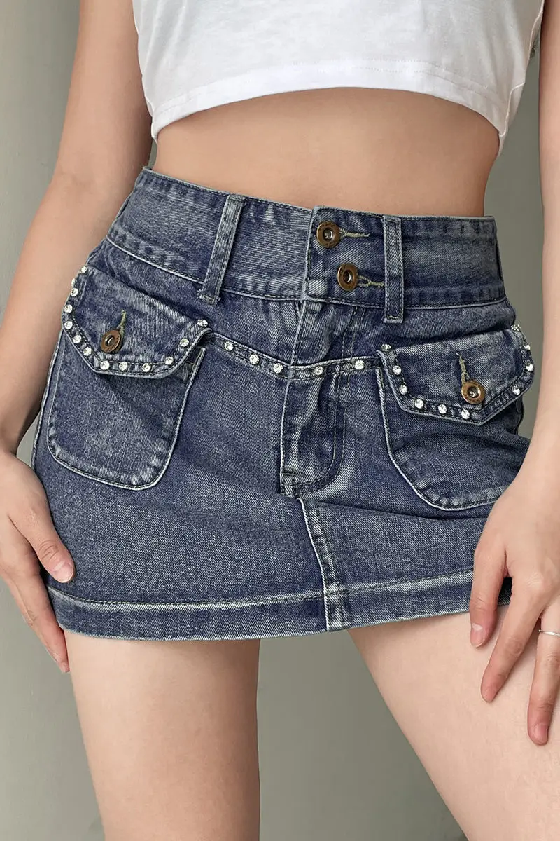 

Vintage Diamonds Denim Mini Skirts Y2K Aesthetic Korean Kawaii Low Rise Skinny Wrap Bodycon Jeans Penceil Skirt Women Streetwear