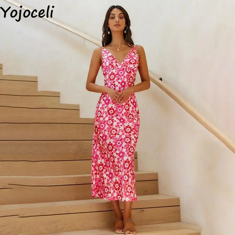

Женское цветочное длинное платье Yojoceli с v-образным вырезом, повседневное пляжное Элегантное повседневное платье миди, пикантное длинное ви...