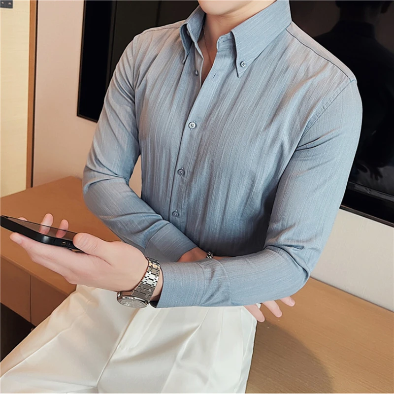 

Fashion Striped Solid Men Business Formal Social Office Long-sleeved Shirts Casual Slim Pointy Collar Wedding Dress/Tuxedo Shirt