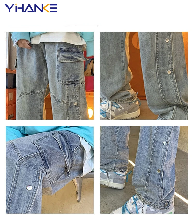 YIHANKE Washed Splicing Jeans Men's Straight Pants Multi Pocket Loose Jeans Solid Color Hip Hop Street Men's Pantalones Hombre