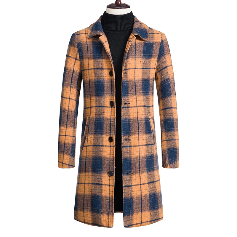 

Men's Lapel windbreaker medium long woolen coat winter warm fashion lattice slim fit wool blend long coat men's clothing