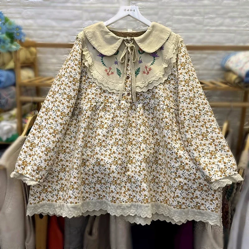 Женская винтажная флисовая вельветовая блузка с цветочным принтом