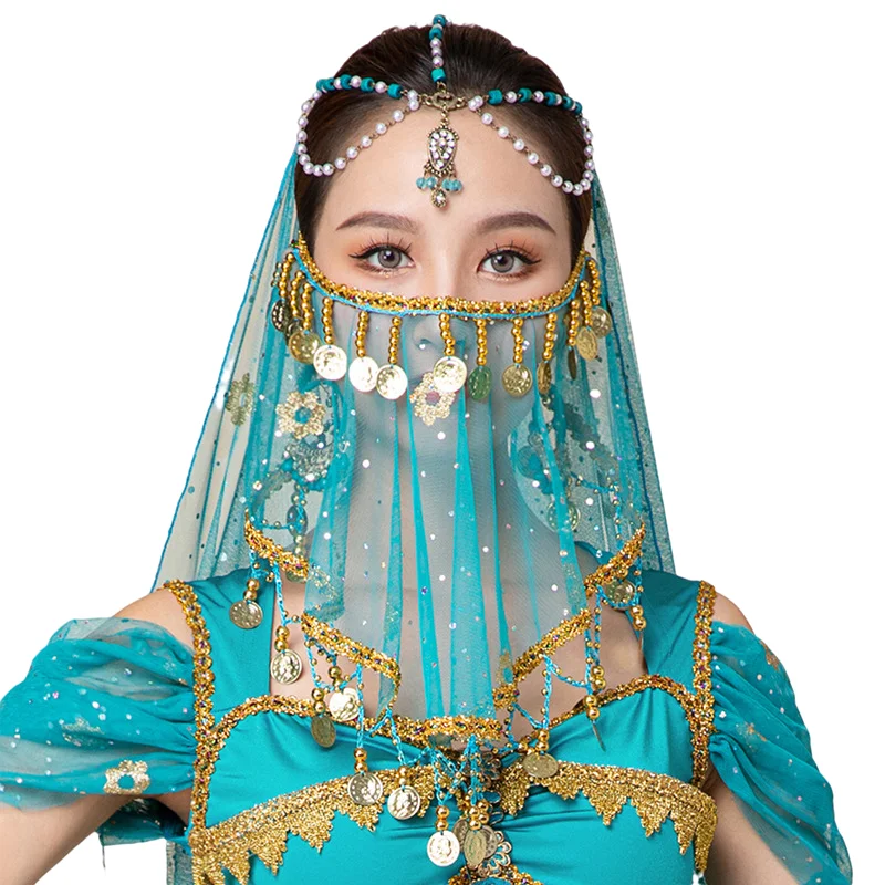 

Women Belly Dance Tribal Face Veil Halloween Costume Accessory Beaded Masquerade Mask India Dance Outfit Sexy Arabic Princess