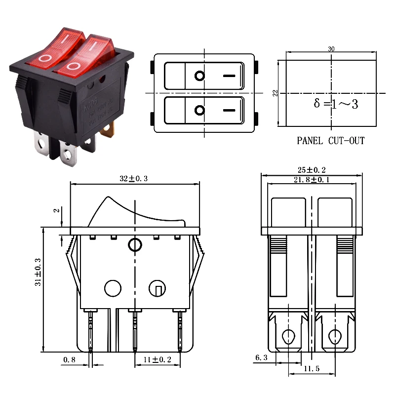 Пластиковый кулисный переключатель KCD6 с подсветкой двойная кнопка лодка 6