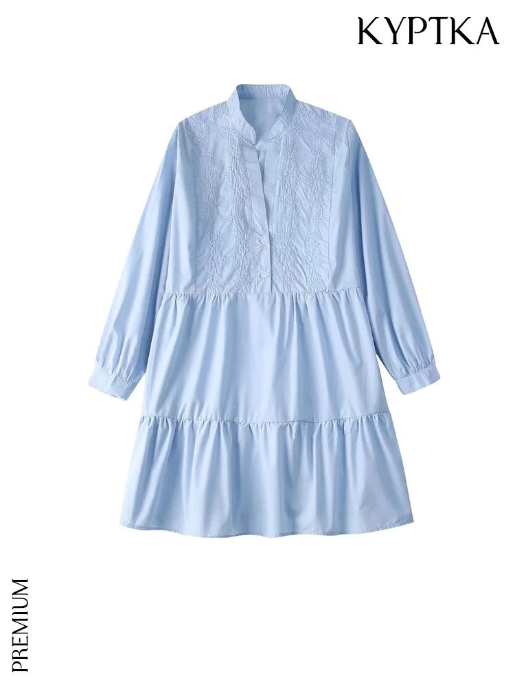 

KYPTKA Women Fashion With Embroidery Ruffled Mini Dress Vintage Three Quarter Sleeve Front Buttons Female Dresses Vestidos