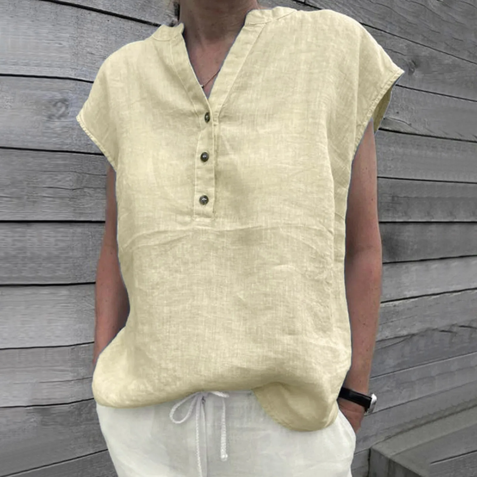 Однотонные льняные рубашки с коротким рукавом Офисная Женская летняя блузка на