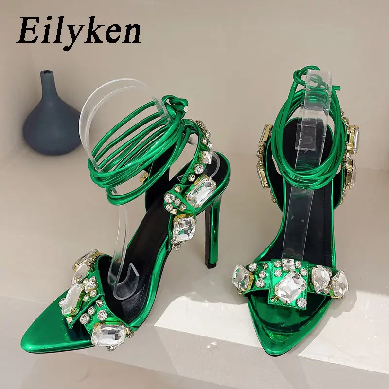 

Eilyken Stilettos Heels Rhinestones Sandals Women Summer Pointed Toe Ankle Strap Crystal Wedding Ladies Shoes Zapatillas mujer