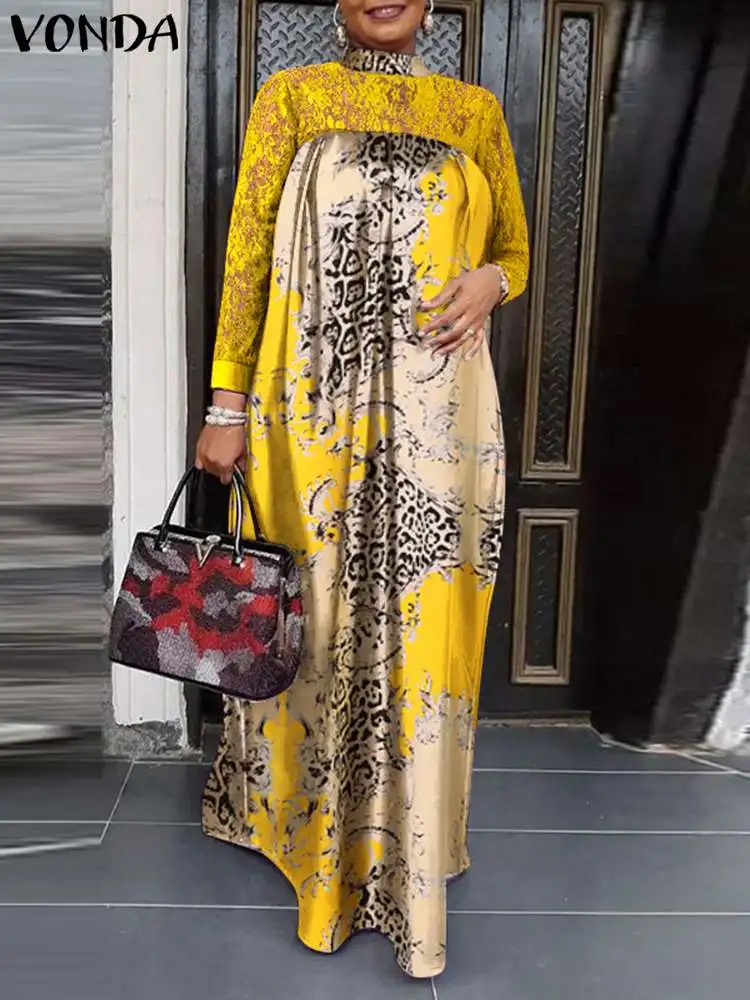 

VONDA 2022 Vintage Women Long Sleeve Lace Vestidos Femme Printed Long Dress Pleated Party Maxi Sundress Patchwork Robe Femininas