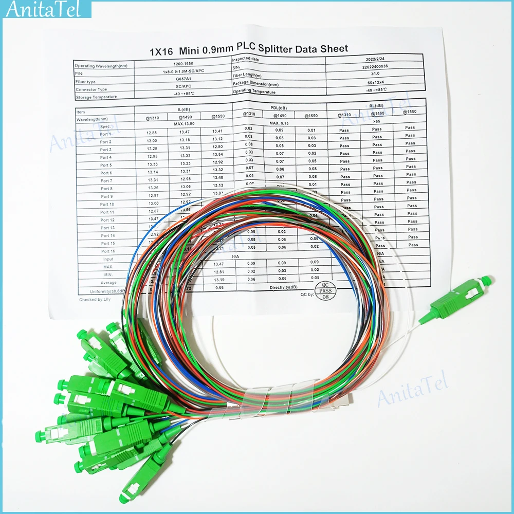   Optical Fiber PLC 1X16 Color Splitter SC/APC SM 0.9mm G657A1 PVC 1m FTTH Fiber Optic PLC Splitter With Color High Quality 
