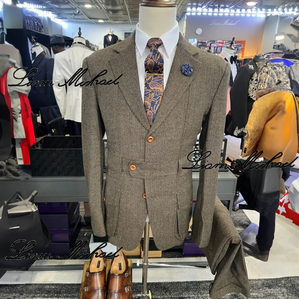 Мужской винтажный костюм из 2 предметов пиджак в елочку брюки деловая офисная