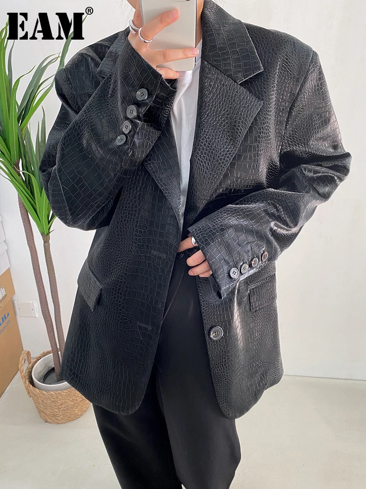 

[EAM] Loose Fit Brown PU Leather Big Size Casual Jacket New Lapel Long Sleeve Women Coat Fashion Tide Spring Autumn 2023 1DF2812