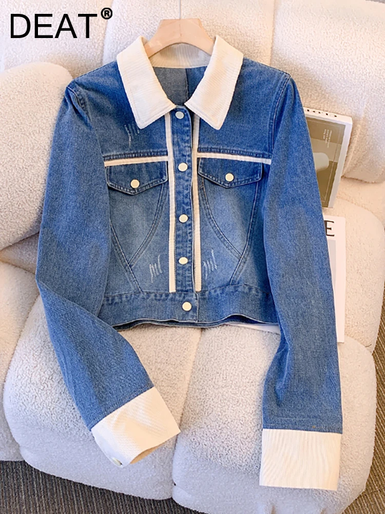 

DEAT Women's Denim Coat Contrast Color Lapel Patchwork Long Sleeve Cuffs Short Blue Jackets 2023 Autumn New Fashion 29L2451