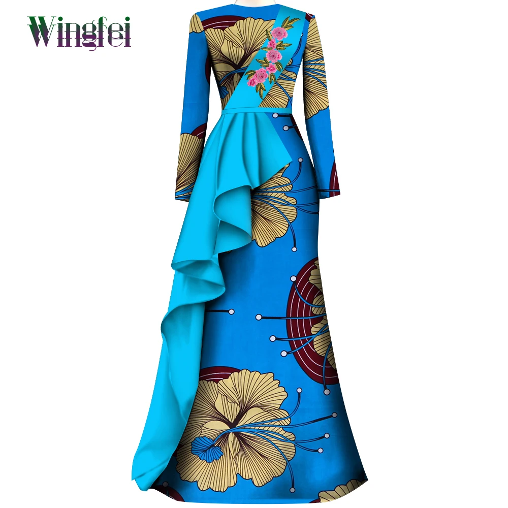 Модные женские платья в африканском стиле с принтом Анкары, длинные платья с оборками и аппликацией, африканская одежда Дашики с длинным рукавом Wy9953