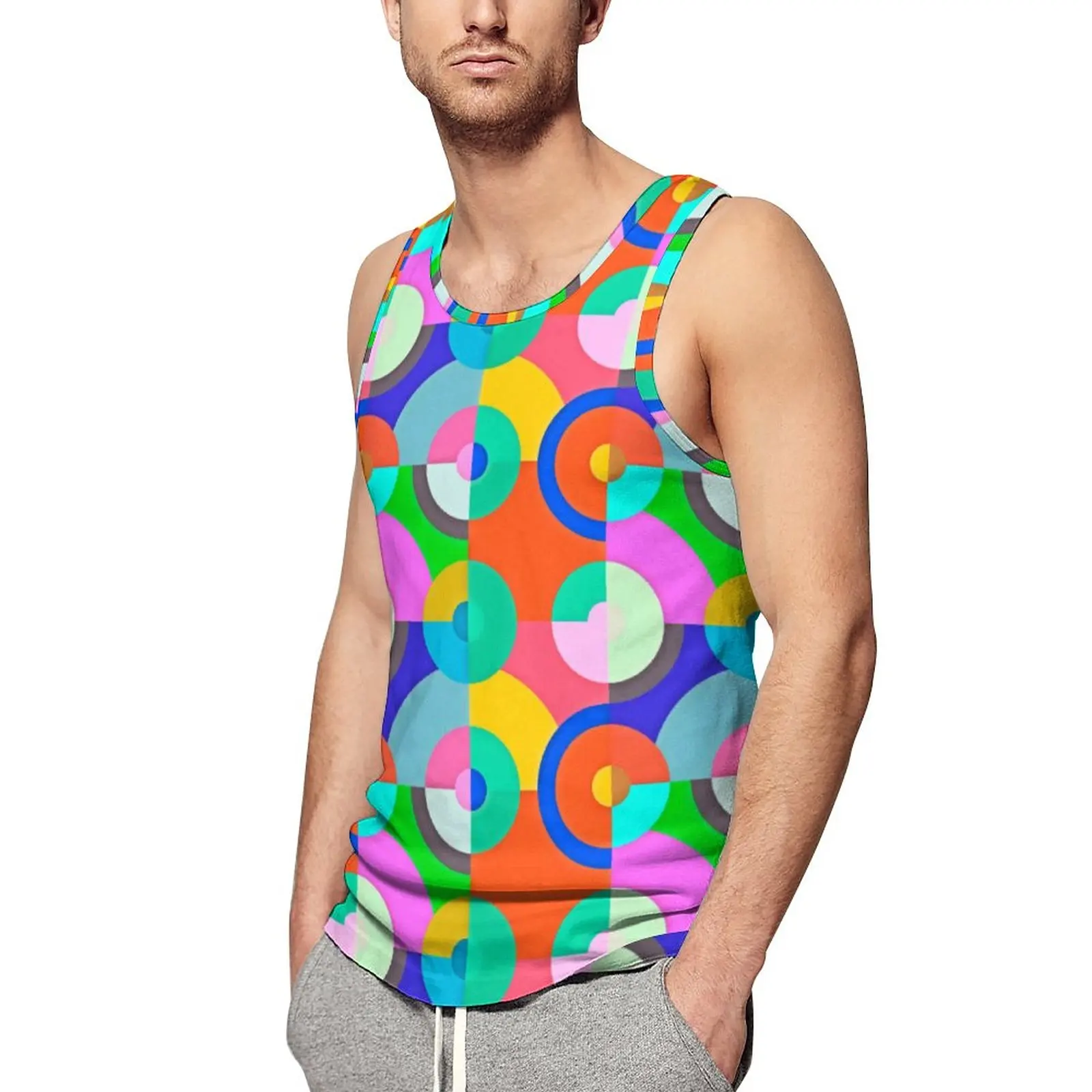 

Colorful Geo Print Tank Top Mens Multi Circles Bodybuilding Oversized Tops Summer Muscle Graphic Sleeveless Shirts