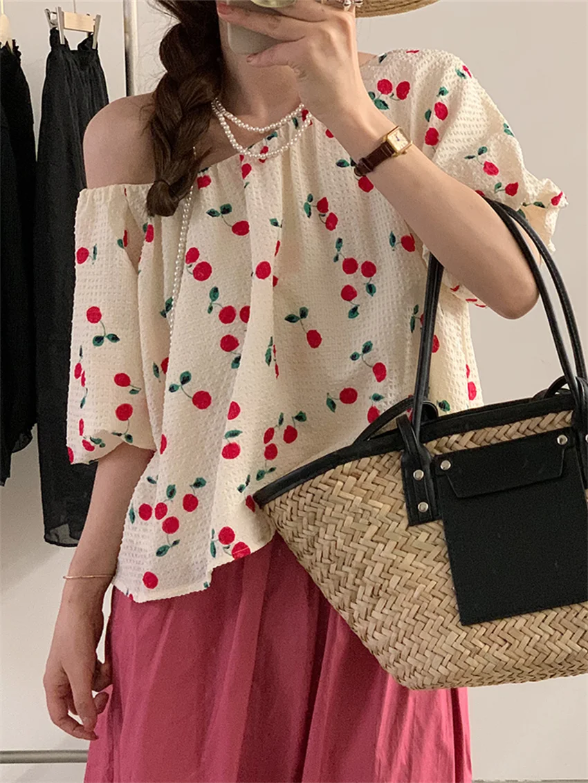 

Блузка Alien Kitty Женская с вырезом лодочкой, универсальная Свободная Повседневная офисная рубашка с принтом вишен, лето 2022