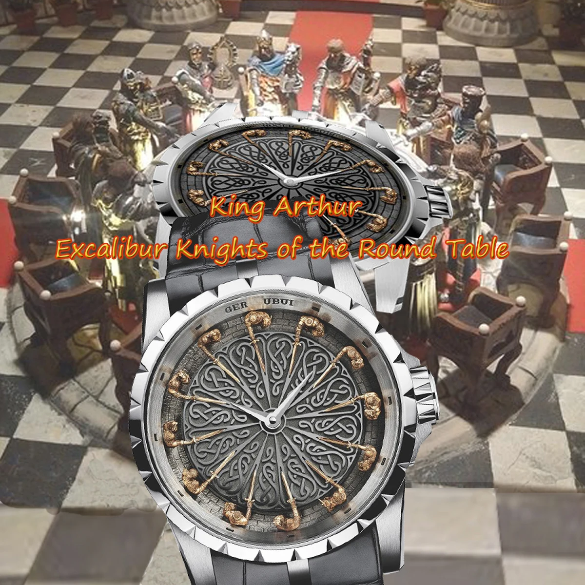 

Roger D** Sign Knights Figurines Hour Markers Watch. Excalibur Knights of The Round Table Mens Automatic Mechanical Wristwatch