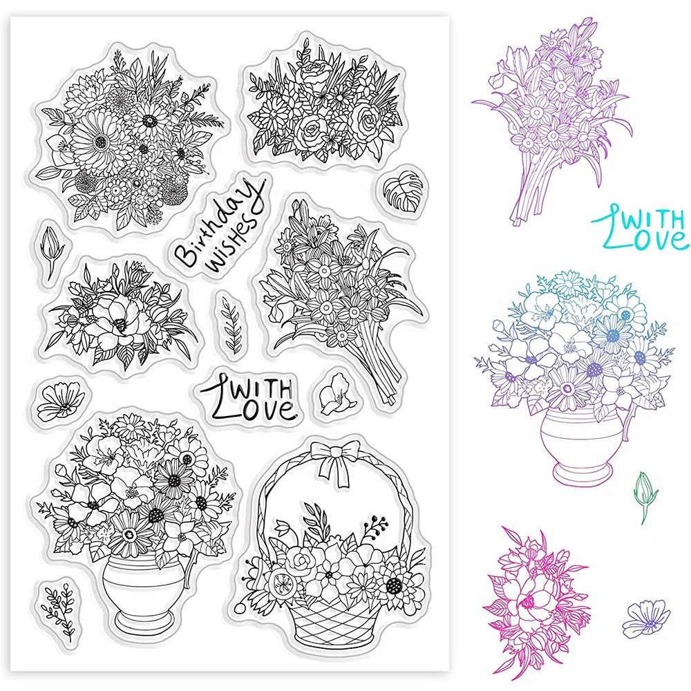

Birthday Wishes Flowers Clear Stamps Transparent Silicone Stamp for Card Making Decoration Journal and DIY Scrapbooking Diary