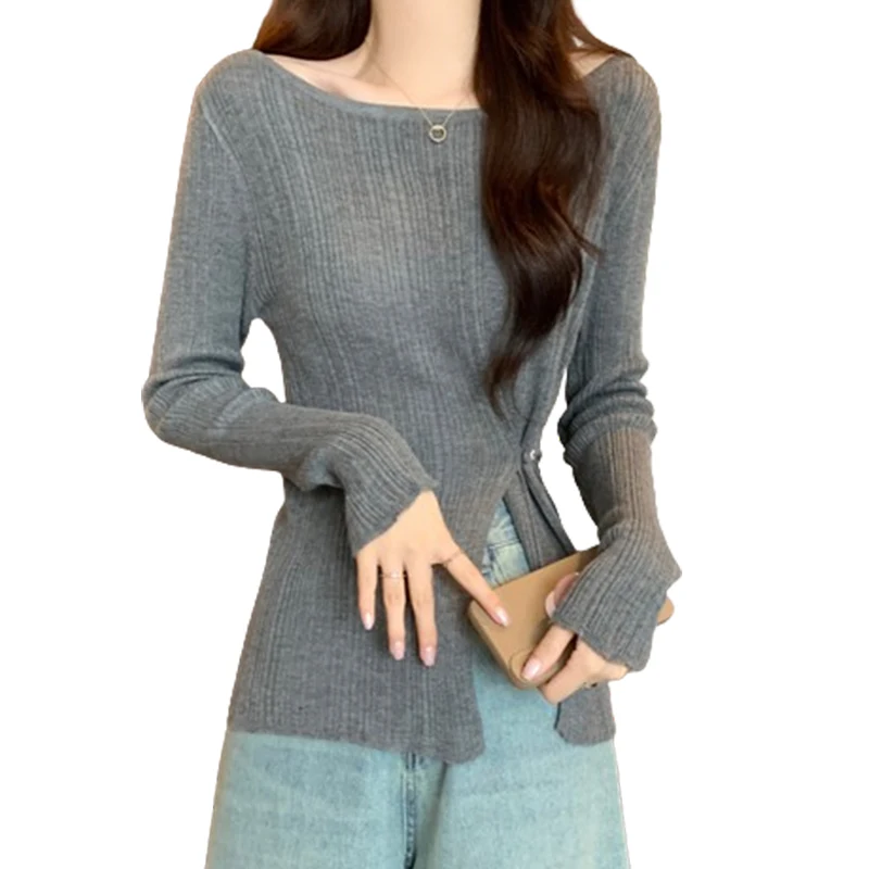 Design Side Slit round Neck Long sleeve Knit Women Autumn New Korean Sle Waist Hugging Slimming Stretch Bottoming Shirt