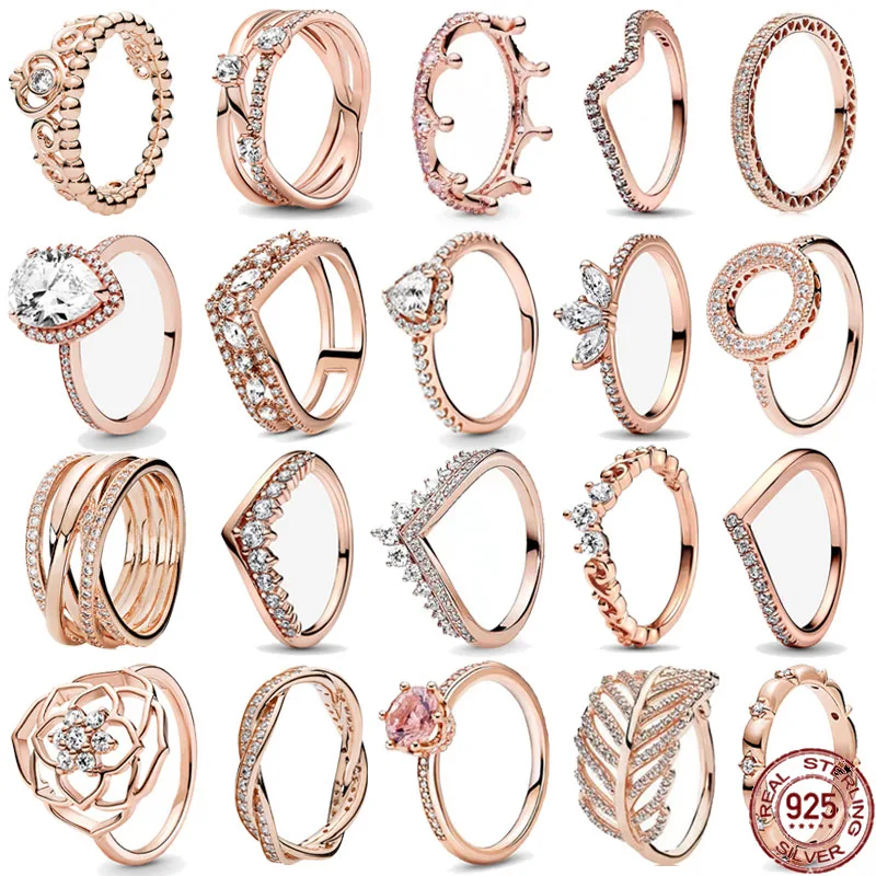 

New 925 Sterling Silver Shining Rose Gold Series Classic Heart shaped Crown Ring Charm Elegant Luxury Women's Jewelry Party Gift