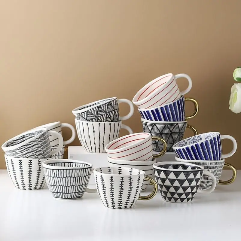 Hand Painted Geometric Ceramic Mugs With Gold Handle Handmade Irregular Cups For Coffee Tea Milk Oatmeal Creative Birthday Gifts