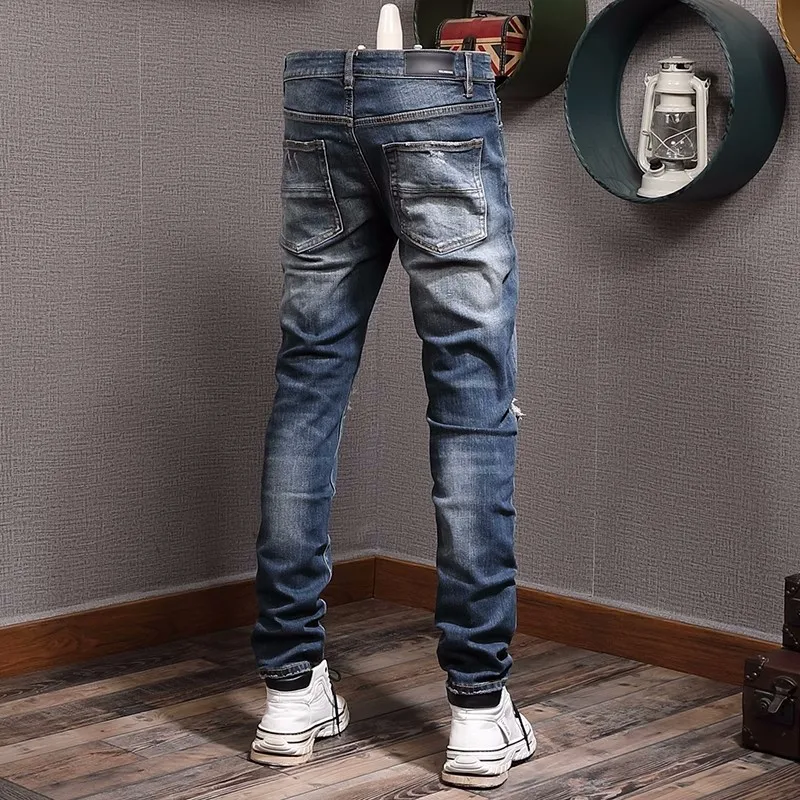 High Street Fashion Men Jeans Retro Blue Elastic Stretch Skinny Fit Ripped Jeans Men Patched Designer Hip Hop Brand Pants Hombre
