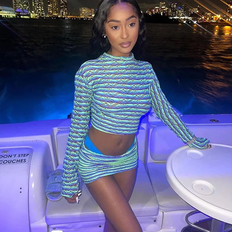 

Fashion Mesh Perspective Open Umbilical High Waist Wrap Hip Set Skirt