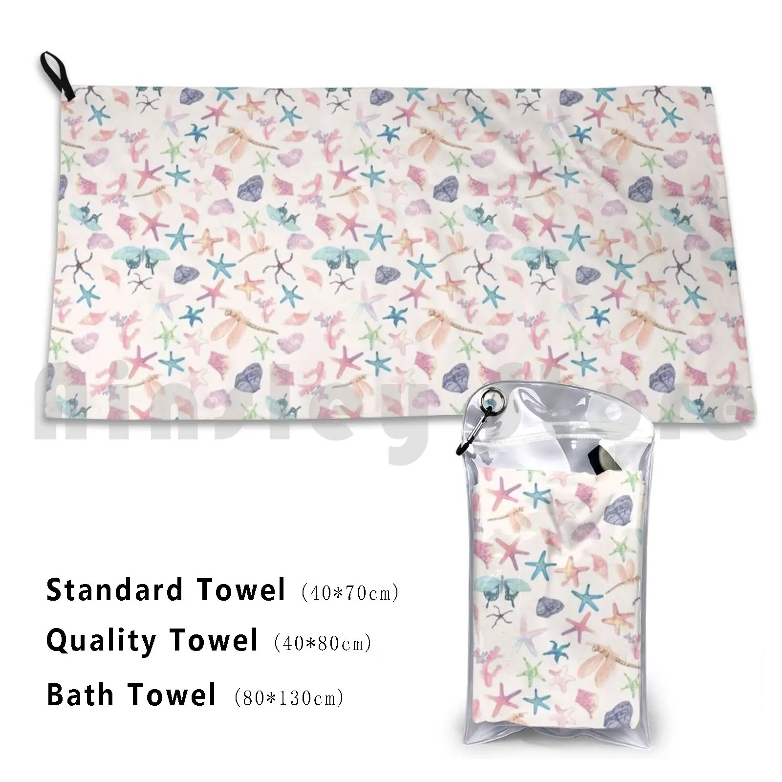 Bath Towel Dragonfly Starfish Pink Purple Seashell Ocean Coral