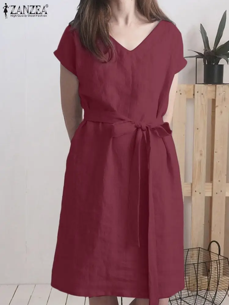 

Женское летнее платье ZANZEA с коротким рукавом и V-образным вырезом, однотонные платья, женский модный Повседневный Сарафан, офисное платье до...