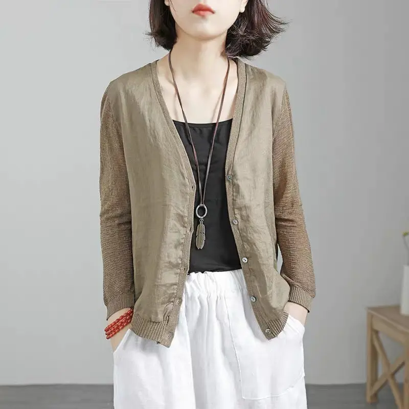 

New Arrival Spring Autumn Women Loose V-neck Long Sleeve Casual Blouse All-matched Cotton Linen Single Breasted Shirts P332