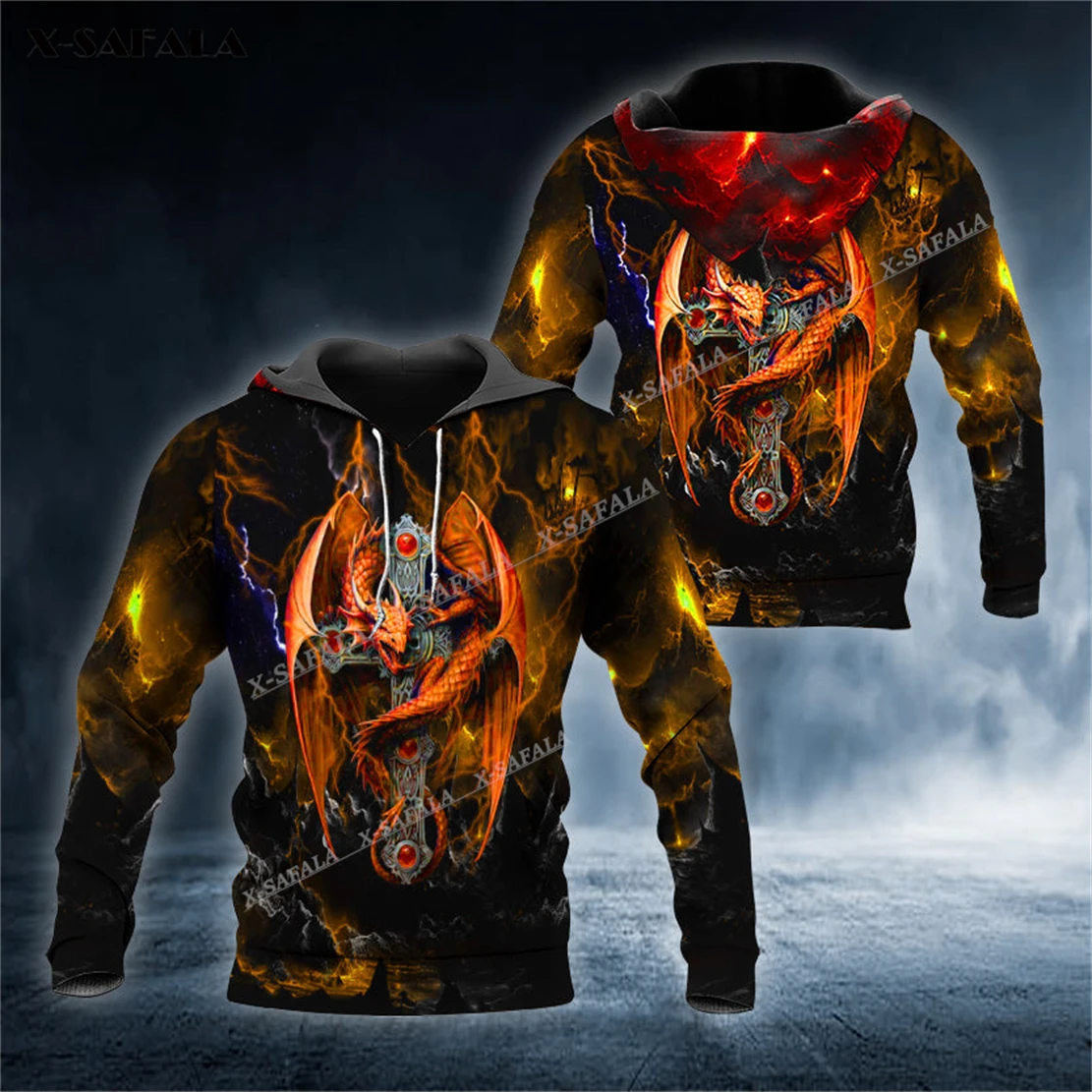 

X-SAFALA Winged Dragon On A Cross Island Skull 3D Print Zipper Hoodie Men Pullover Sweatshirt Hooded Jersey Tracksuits Outwear