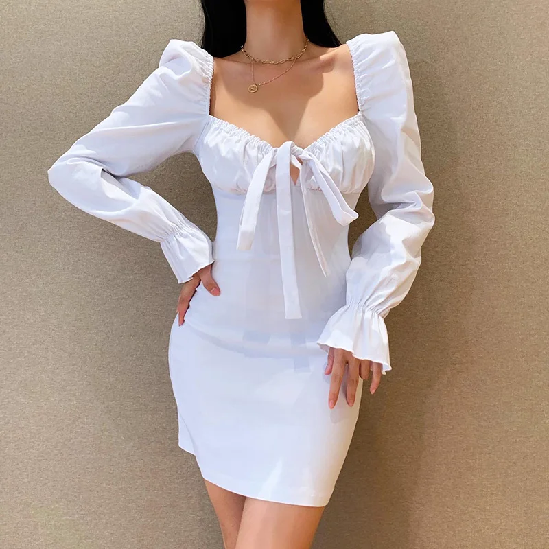 

Zoctuo Women's Dress Bandage V-neck Front Ruched Butterfly Sleeve Elegant Slim Sexy Backless Casual Solid Mini Dress Autumn