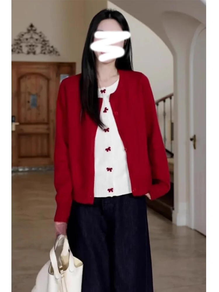 Рождественский вязаный кардиган с красным бантом в стиле пэчворк женский