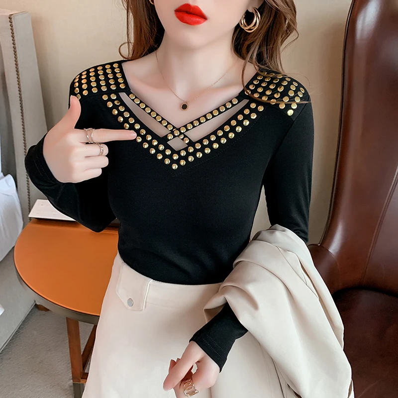 

Spring Fall Cotton T-Shirt Chic V-Neck Patchwork Hollow Out Sexy Shiny Rivet Women's Tops Long Sleeve Drilling 2022 Tees 9021