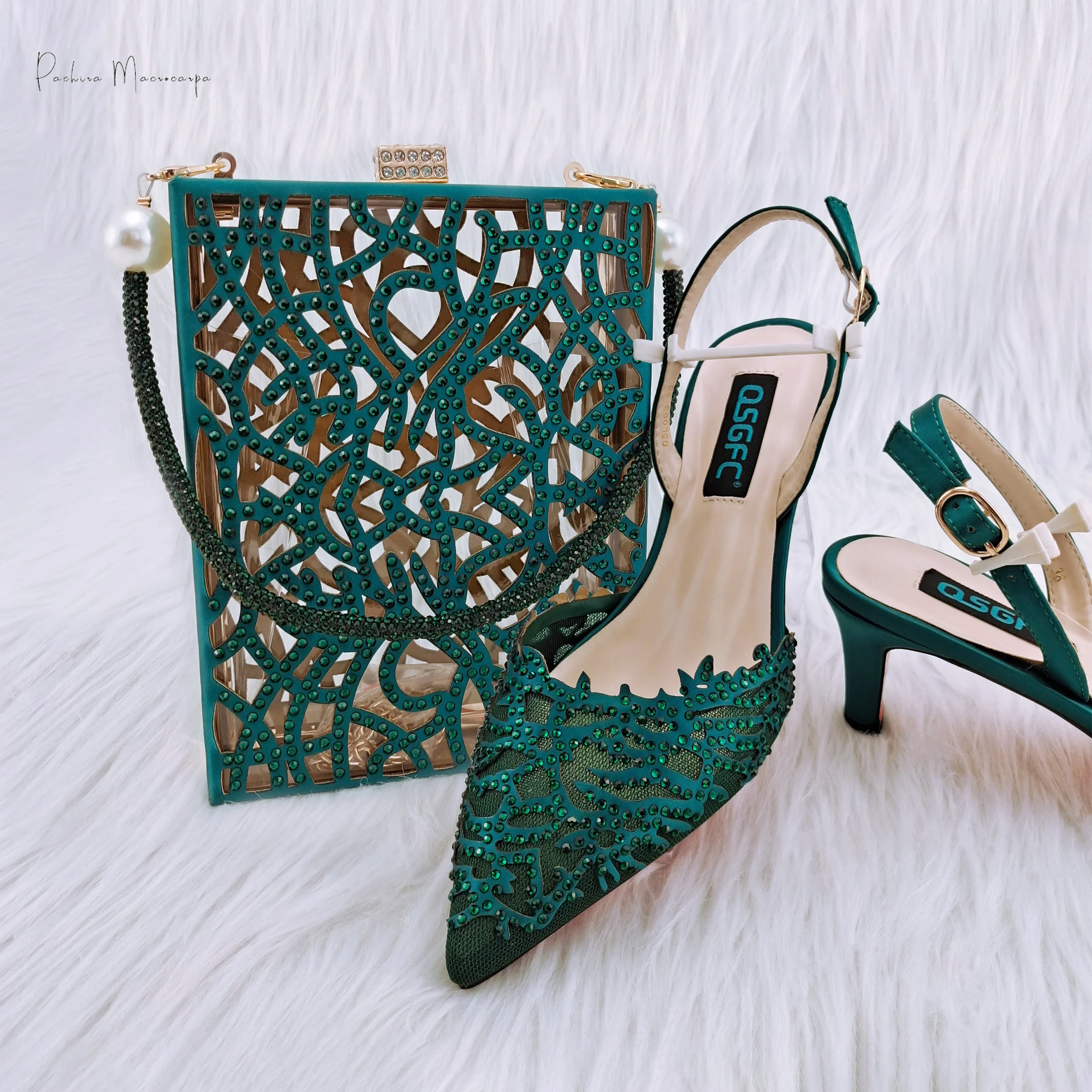 

PM New Nigerian Design Green Coral-like Hollow Design High Heels With The Same Hollow Square Bag Ladies Shoes And Bag